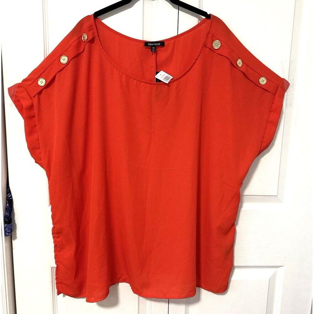 New Look Womens 3X Career Dressy Blouse Red Short Sleeves Lightweight NWT